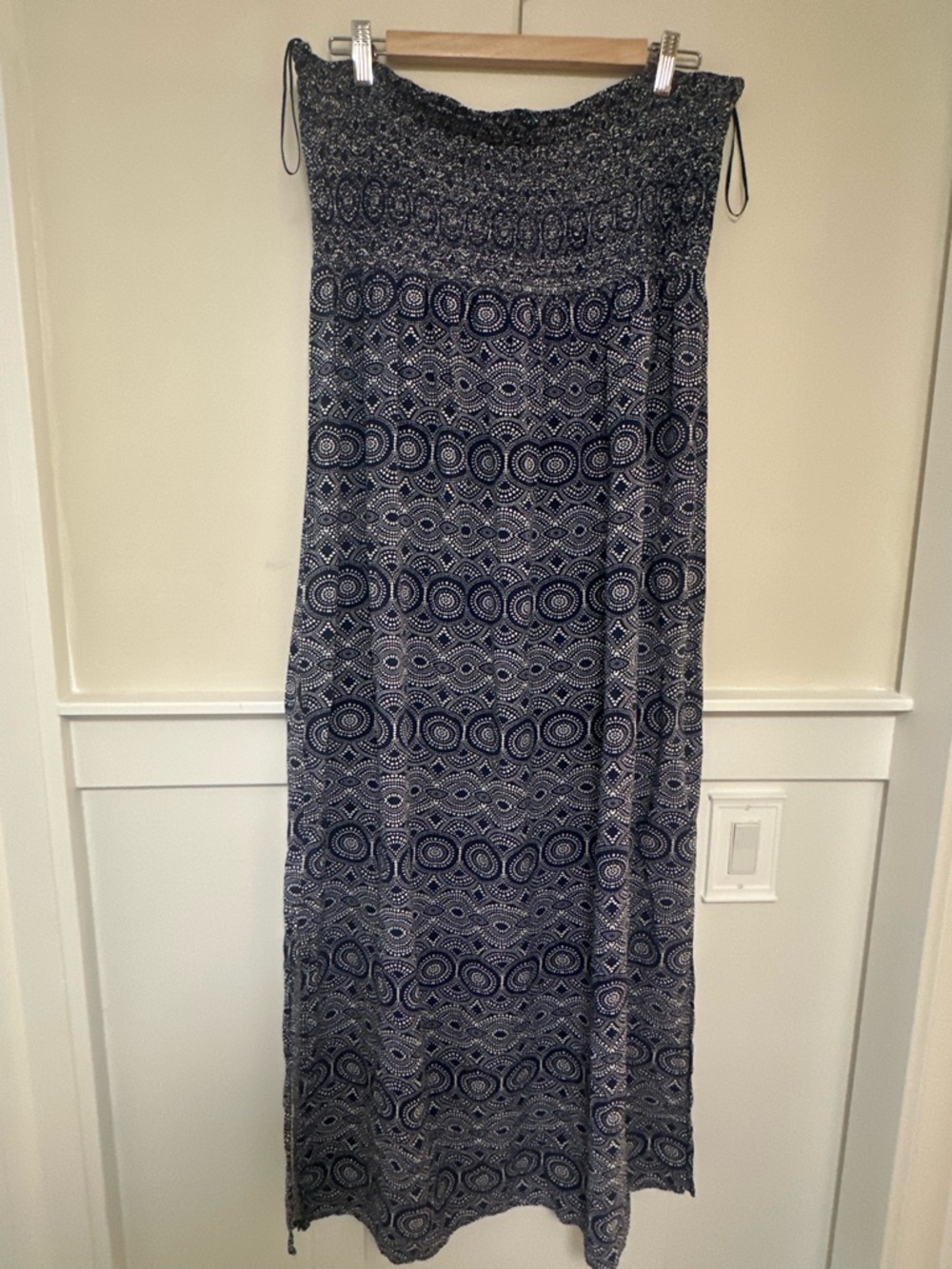 GAP Navy and White Boho Pattern - Smocked Strapless Maxi Dress with Slits